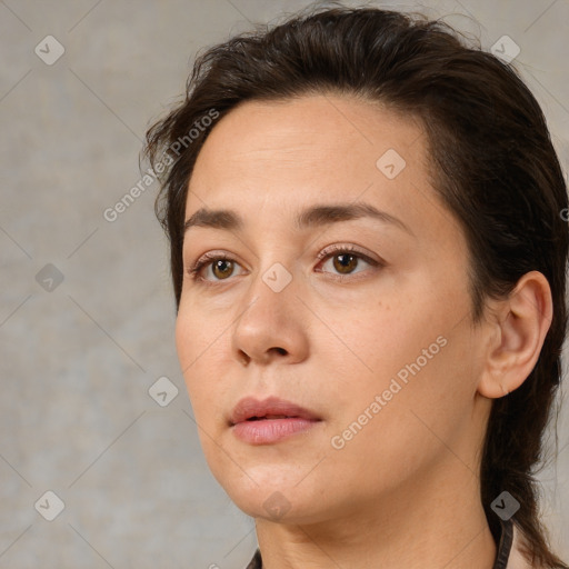 Neutral white young-adult female with medium  brown hair and brown eyes