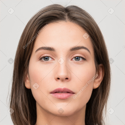 Neutral white young-adult female with medium  brown hair and grey eyes