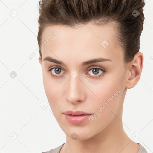 Neutral white young-adult female with short  brown hair and brown eyes