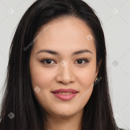 Joyful asian young-adult female with long  brown hair and brown eyes