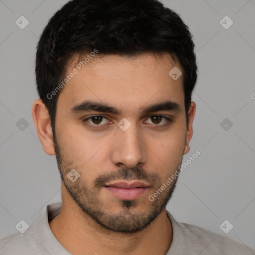 Neutral white young-adult male with short  brown hair and brown eyes