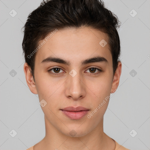 Neutral white young-adult male with short  brown hair and brown eyes