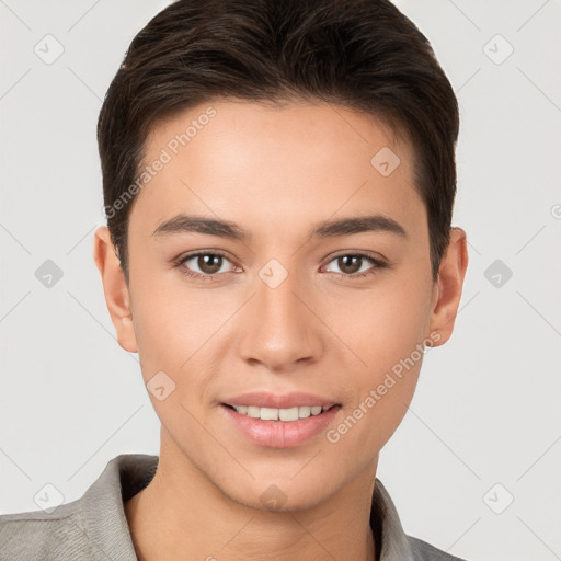 Joyful white young-adult female with short  brown hair and brown eyes