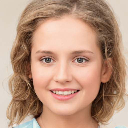 Joyful white young-adult female with medium  brown hair and green eyes