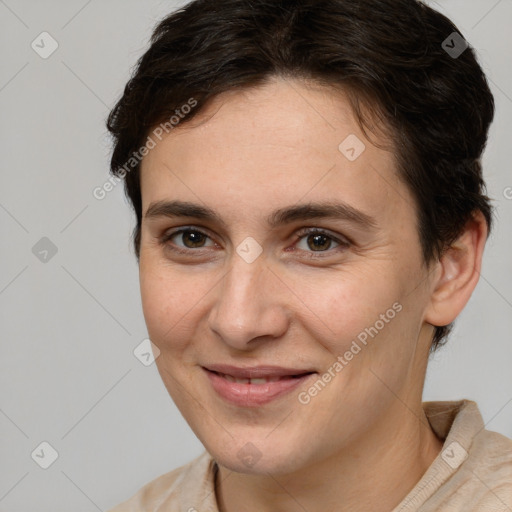 Joyful white young-adult female with short  brown hair and brown eyes