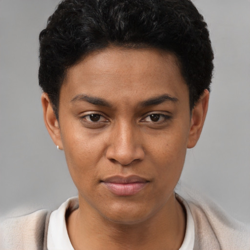 Neutral latino young-adult female with short  black hair and brown eyes