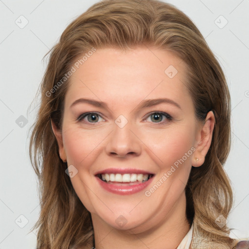 Joyful white young-adult female with medium  brown hair and blue eyes