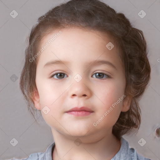 Neutral white child female with medium  brown hair and blue eyes