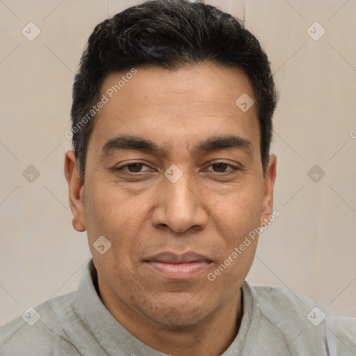 Joyful latino adult male with short  brown hair and brown eyes