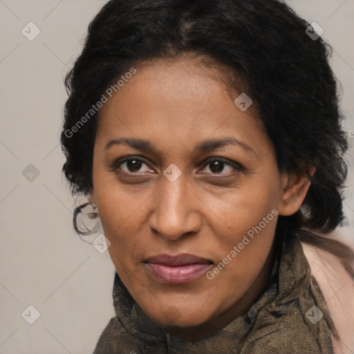 Joyful black adult female with medium  brown hair and brown eyes