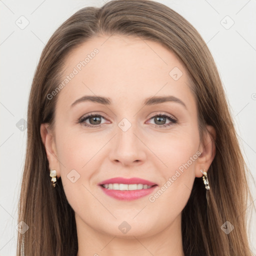 Joyful white young-adult female with long  brown hair and grey eyes