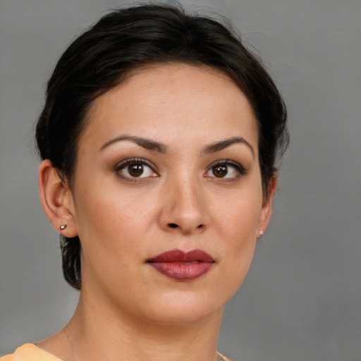 Neutral white young-adult female with short  brown hair and brown eyes