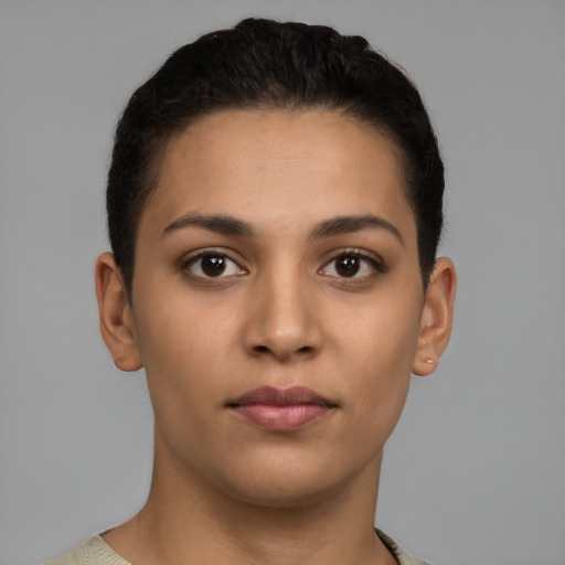 Neutral latino young-adult female with short  brown hair and brown eyes