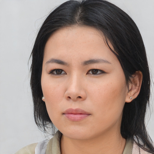 Neutral asian young-adult female with medium  black hair and brown eyes
