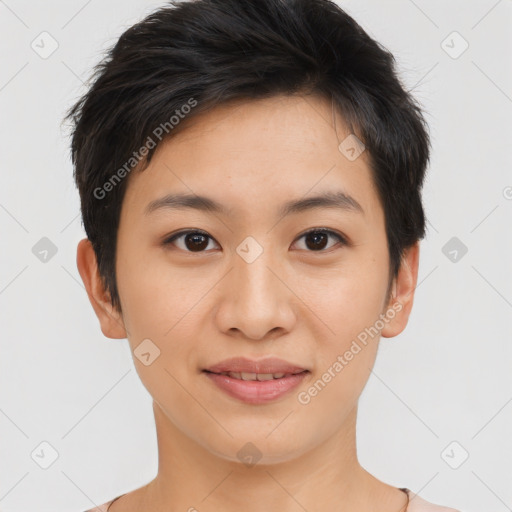 Joyful asian young-adult female with short  brown hair and brown eyes