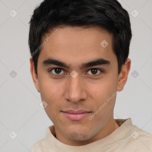 Neutral latino young-adult male with short  brown hair and brown eyes