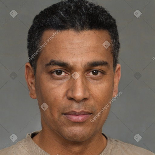 Joyful white adult male with short  black hair and brown eyes