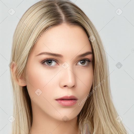 Neutral white young-adult female with long  brown hair and brown eyes