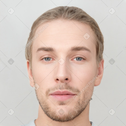 Neutral white young-adult male with short  brown hair and grey eyes