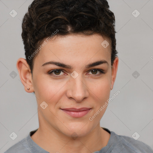 Joyful white young-adult female with short  brown hair and brown eyes