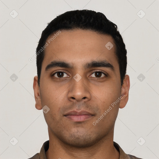 Neutral latino young-adult male with short  black hair and brown eyes