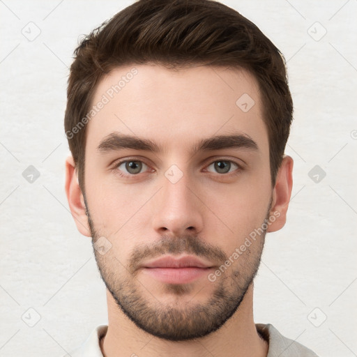 Neutral white young-adult male with short  brown hair and brown eyes