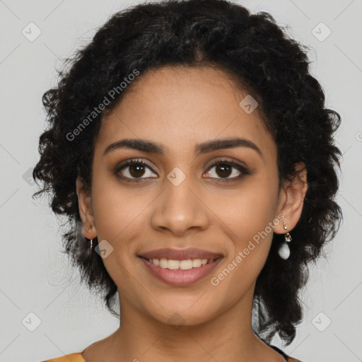 Joyful latino young-adult female with long  black hair and brown eyes