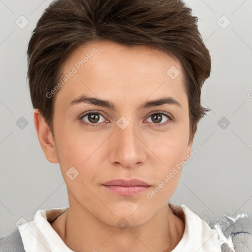 Neutral white young-adult female with short  brown hair and brown eyes