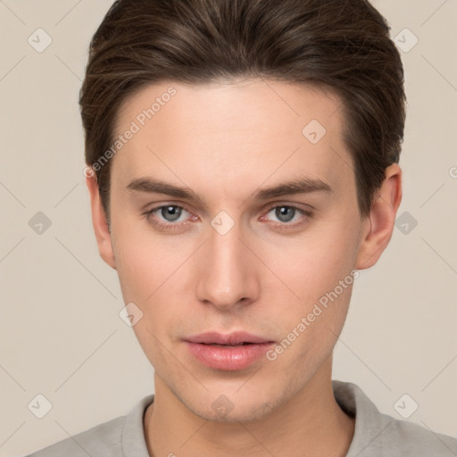 Neutral white young-adult male with short  brown hair and brown eyes