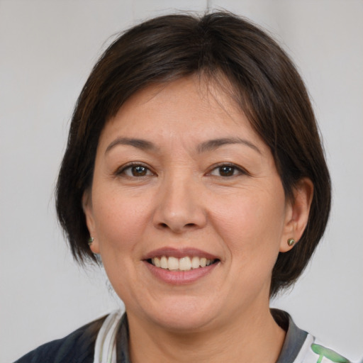 Joyful white adult female with medium  brown hair and brown eyes