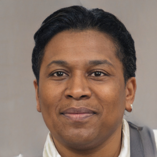 Joyful black adult male with short  black hair and brown eyes