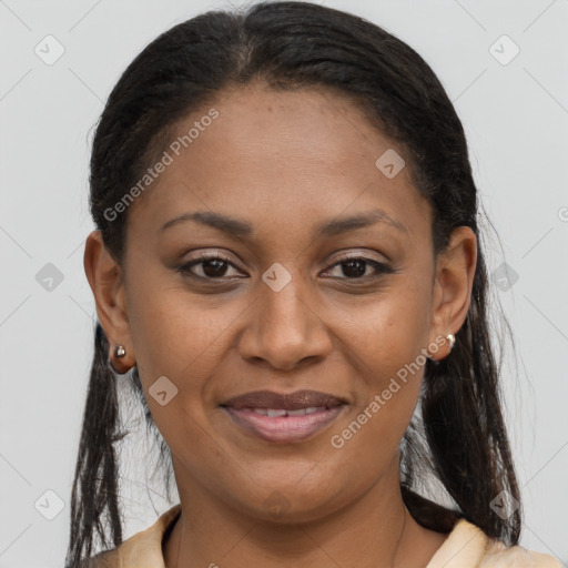 Joyful latino young-adult female with long  brown hair and brown eyes