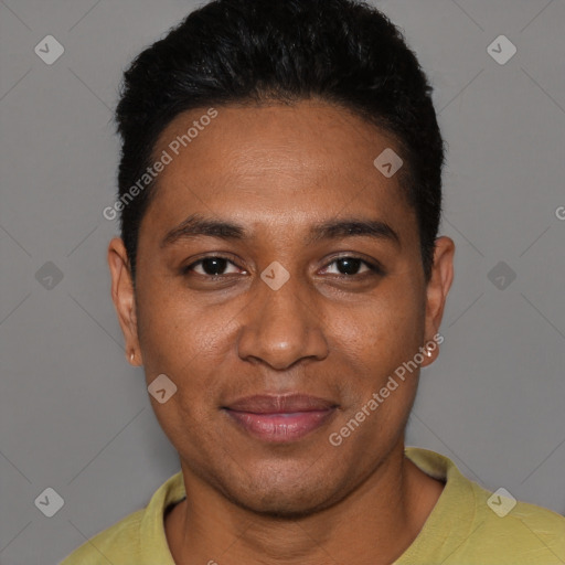 Joyful black young-adult male with short  black hair and brown eyes