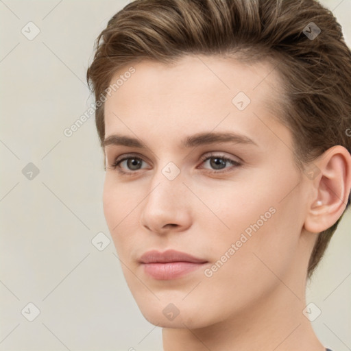 Neutral white young-adult female with short  brown hair and brown eyes