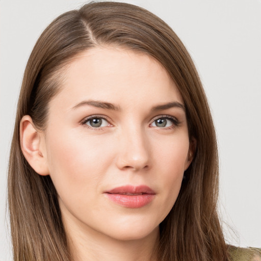 Neutral white young-adult female with long  brown hair and grey eyes