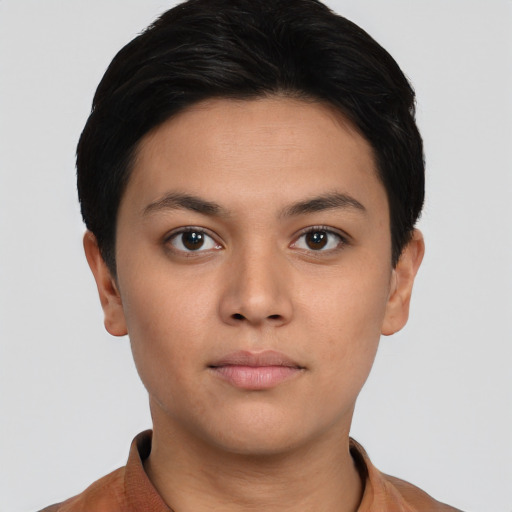 Neutral asian young-adult female with short  brown hair and brown eyes