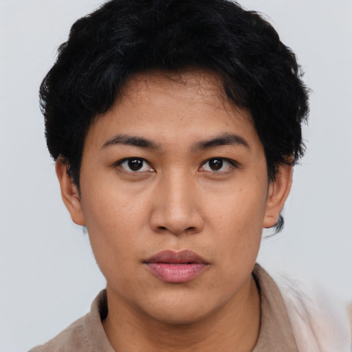 Neutral asian young-adult female with short  black hair and brown eyes