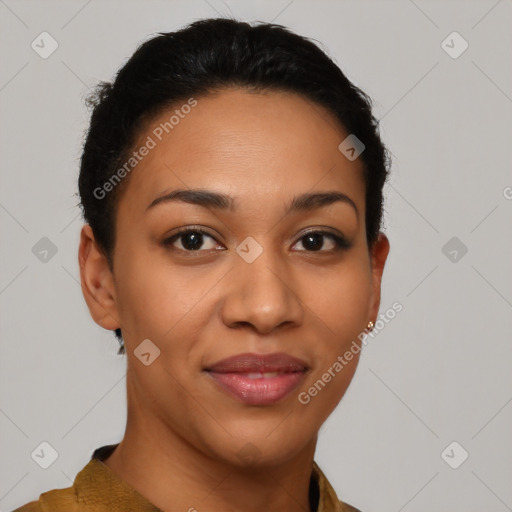 Joyful latino young-adult female with short  brown hair and brown eyes