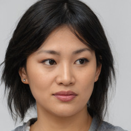 Neutral asian young-adult female with medium  black hair and brown eyes