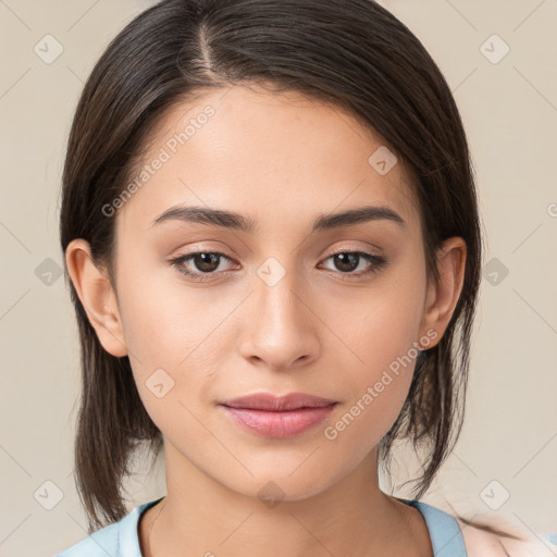 Joyful white young-adult female with medium  brown hair and brown eyes