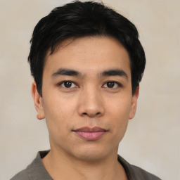 Neutral asian young-adult male with short  black hair and brown eyes