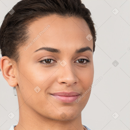 Joyful white young-adult female with short  brown hair and brown eyes