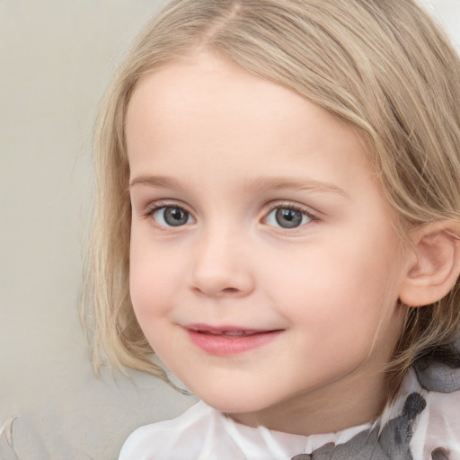 Joyful white child female with medium  brown hair and blue eyes