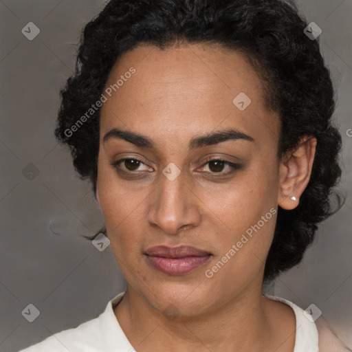 Joyful latino young-adult female with short  black hair and brown eyes