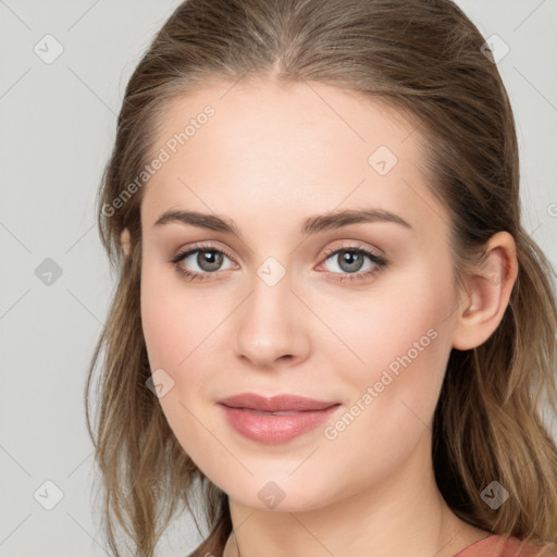 Joyful white young-adult female with long  brown hair and grey eyes