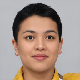 Joyful asian young-adult female with short  brown hair and brown eyes