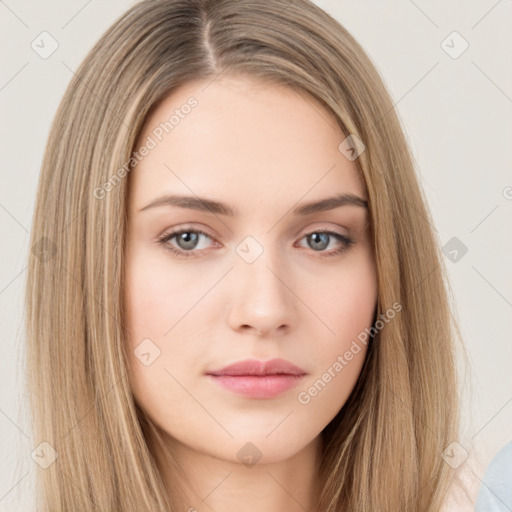 Neutral white young-adult female with long  brown hair and brown eyes