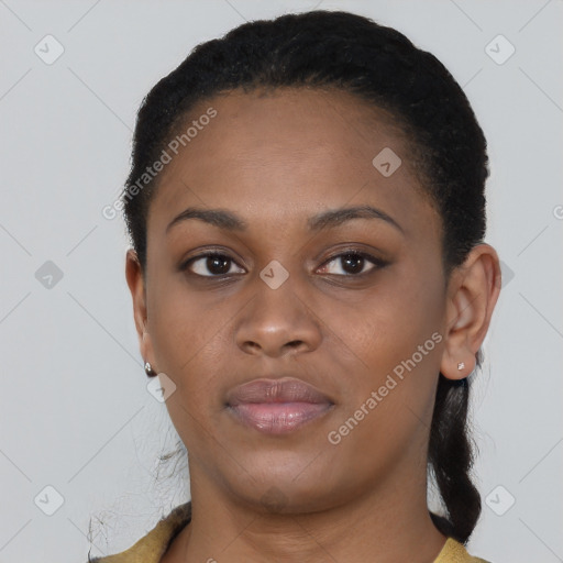 Neutral black young-adult female with short  black hair and brown eyes