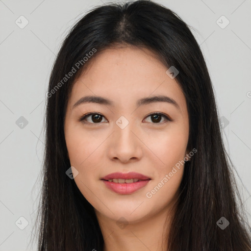 Joyful asian young-adult female with long  brown hair and brown eyes