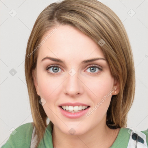 Joyful white young-adult female with medium  brown hair and green eyes